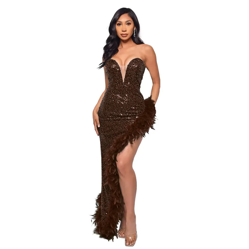 Women's Sequin Feather Tube Top Dress - Sleeveless Backless Party Club Dress for Evening Cocktail Prom - European American Fashion thumbnail 10