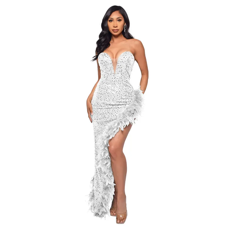 Women's Sequin Feather Tube Top Dress - Sleeveless Backless Party Club Dress for Evening Cocktail Prom - European American Fashion showcase 19
