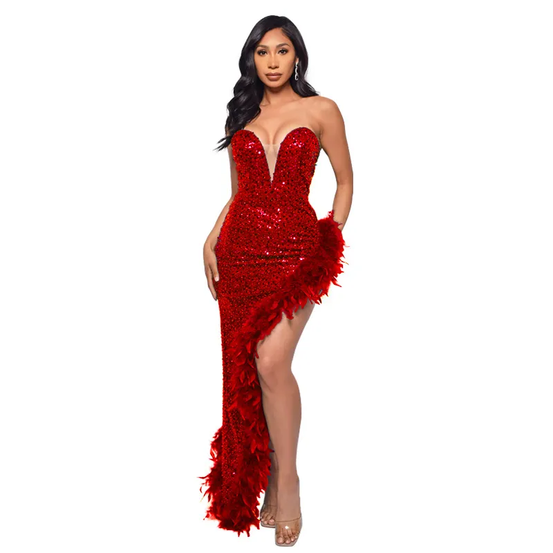 Women's Sequin Feather Tube Top Dress - Sleeveless Backless Party Club Dress for Evening Cocktail Prom - European American Fashion thumbnail 9