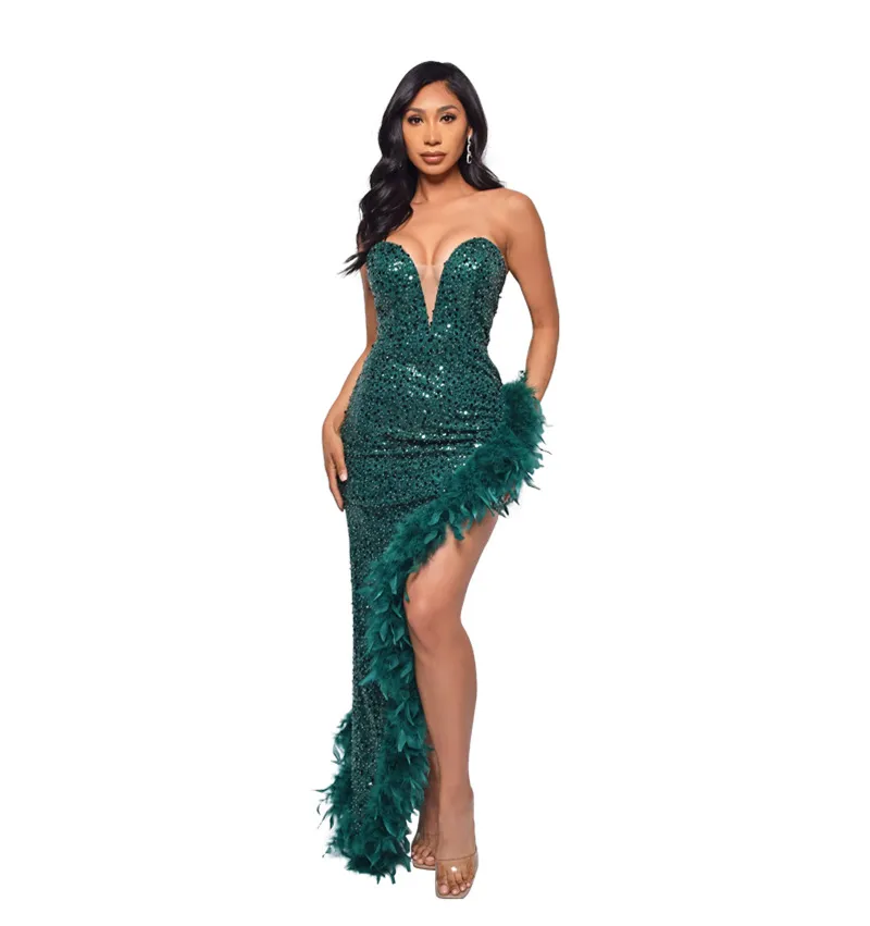 Women's Sequin Feather Tube Top Dress - Sleeveless Backless Party Club Dress for Evening Cocktail Prom - European American Fashion showcase 10