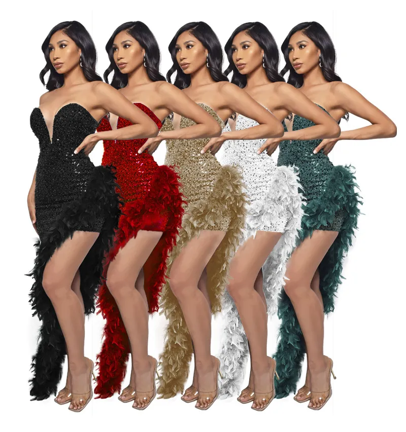 Women's Sequin Feather Tube Top Dress - Sleeveless Backless Party Club Dress for Evening Cocktail Prom - European American Fashion showcase 8