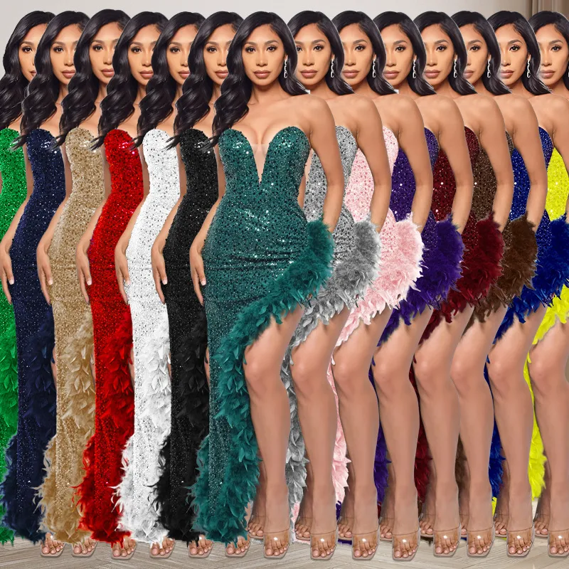 Women's Sequin Feather Tube Top Dress - Sleeveless Backless Party Club Dress for Evening Cocktail Prom - European American Fashion showcase 1