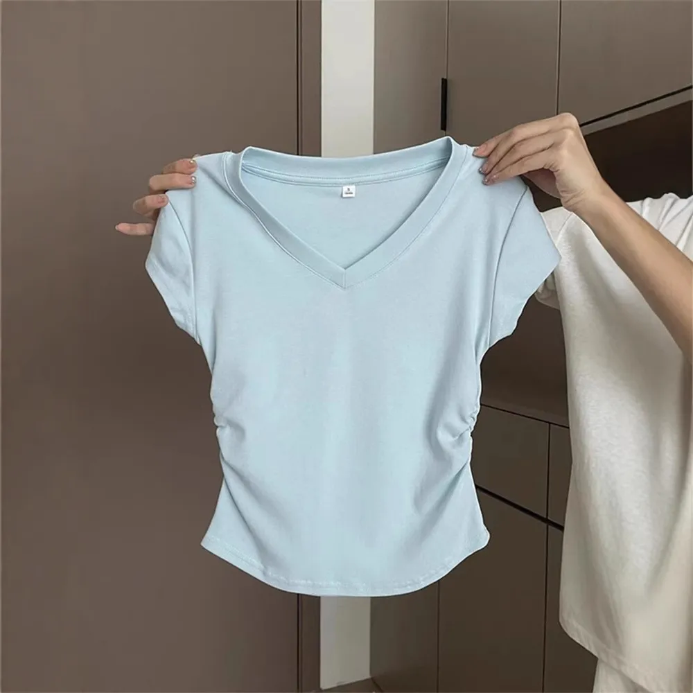 Women's Summer Cotton T-Shirt - Slim Fit Short Sleeve Blue Top with Pleated Waist - Casual Western Style Tee thumbnail 1