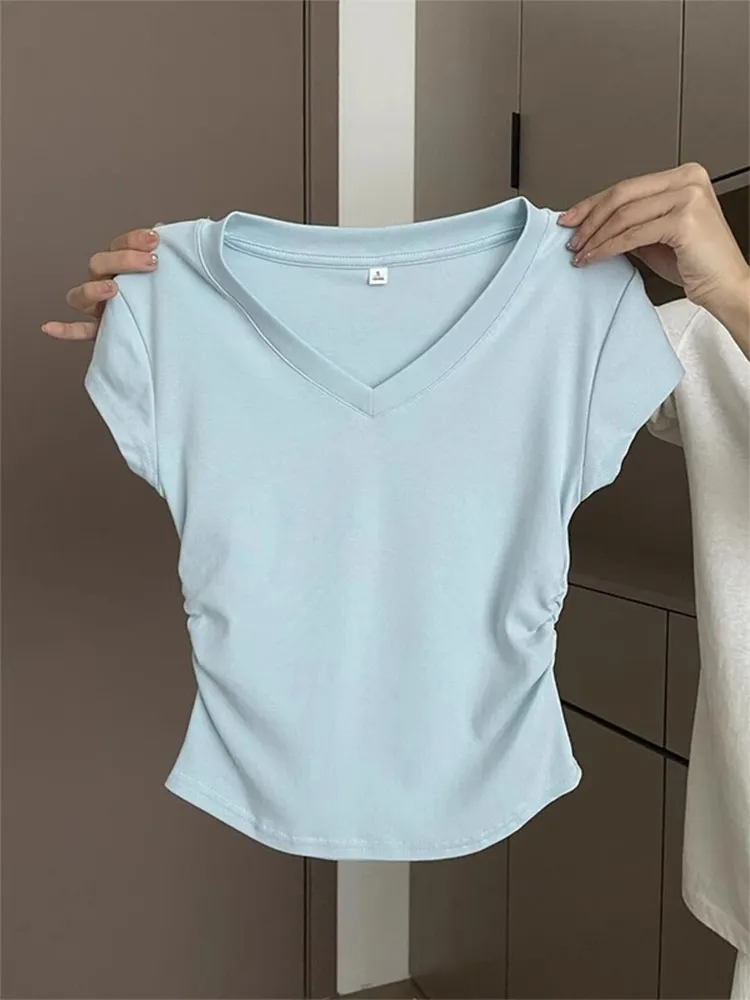 Women's Summer Cotton T-Shirt - Slim Fit Short Sleeve Blue Top with Pleated Waist - Casual Western Style Tee showcase 5