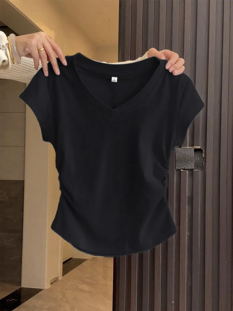 Women's Summer Cotton T-Shirt - Slim Fit Short Sleeve Blue Top with Pleated Waist - Casual Western Style Tee thumbnail 9