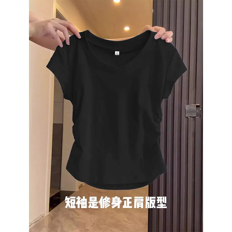 Women's Summer Cotton T-Shirt - Slim Fit Short Sleeve Blue Top with Pleated Waist - Casual Western Style Tee thumbnail 8