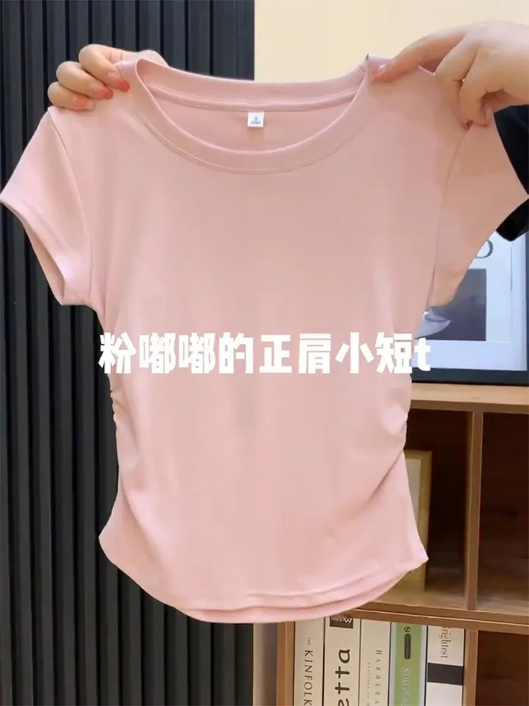 Women's Summer Cotton T-Shirt - Slim Fit Short Sleeve Blue Top with Pleated Waist - Casual Western Style Tee thumbnail 7