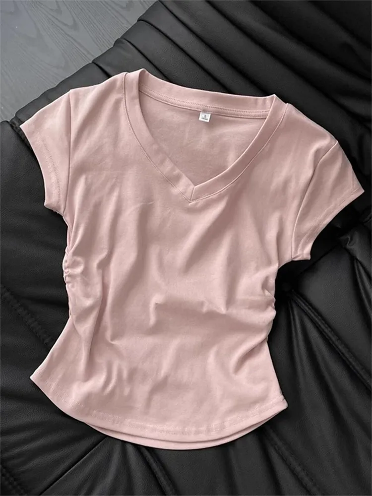 Women's Summer Cotton T-Shirt - Slim Fit Short Sleeve Blue Top with Pleated Waist - Casual Western Style Tee showcase 9