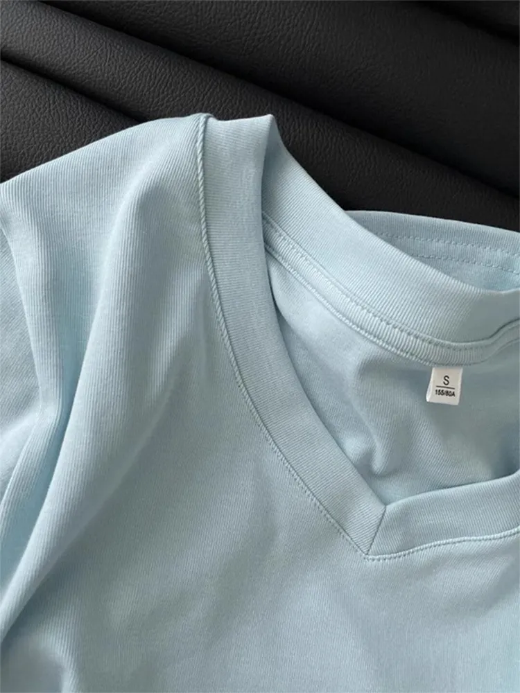 Women's Summer Cotton T-Shirt - Slim Fit Short Sleeve Blue Top with Pleated Waist - Casual Western Style Tee showcase 7