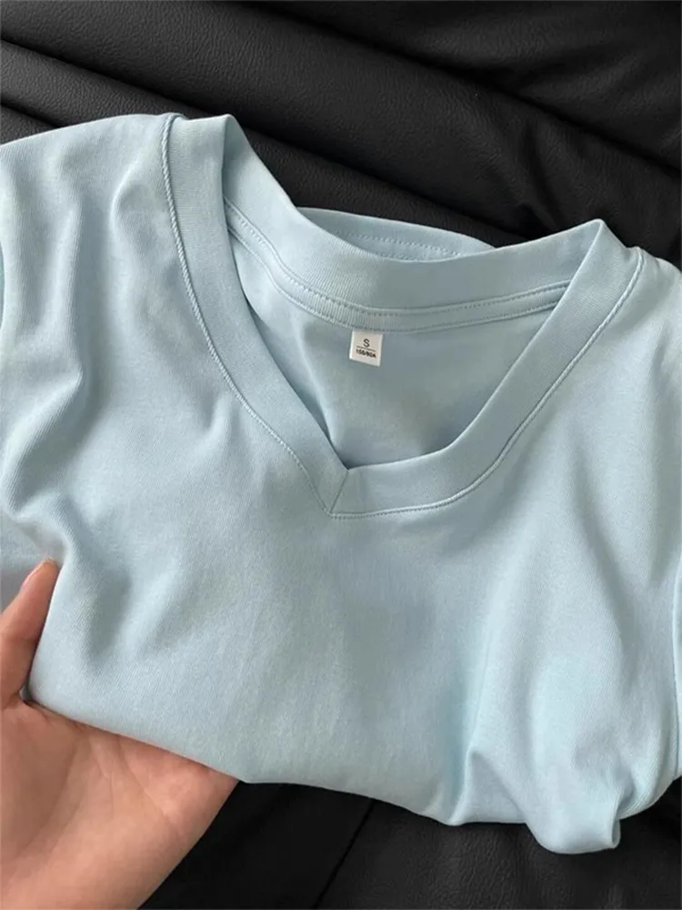 Women's Summer Cotton T-Shirt - Slim Fit Short Sleeve Blue Top with Pleated Waist - Casual Western Style Tee showcase 8