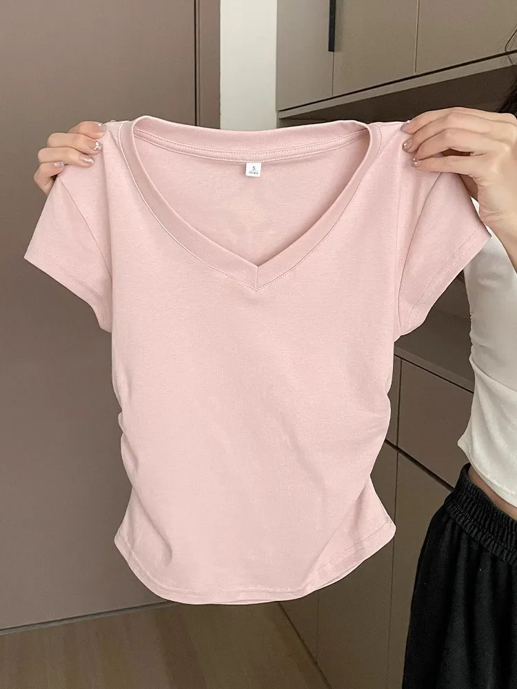 Women's Summer Cotton T-Shirt - Slim Fit Short Sleeve Blue Top with Pleated Waist - Casual Western Style Tee showcase 6