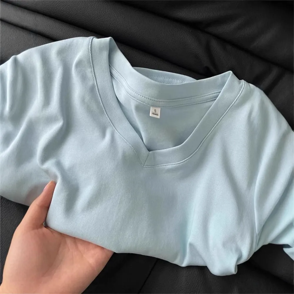 Women's Summer Cotton T-Shirt - Slim Fit Short Sleeve Blue Top with Pleated Waist - Casual Western Style Tee thumbnail 4