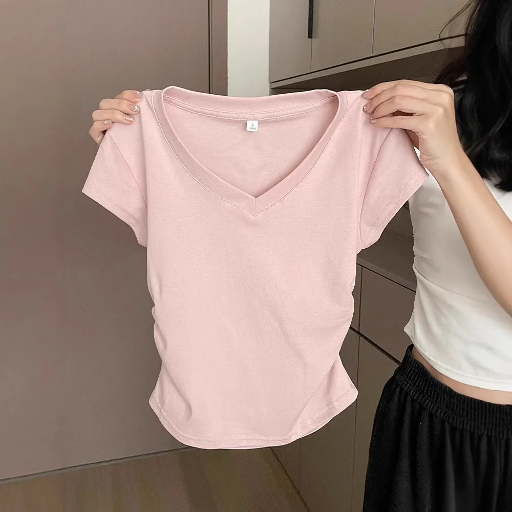 Women's Summer Cotton T-Shirt - Slim Fit Short Sleeve Blue Top with Pleated Waist - Casual Western Style Tee thumbnail 2