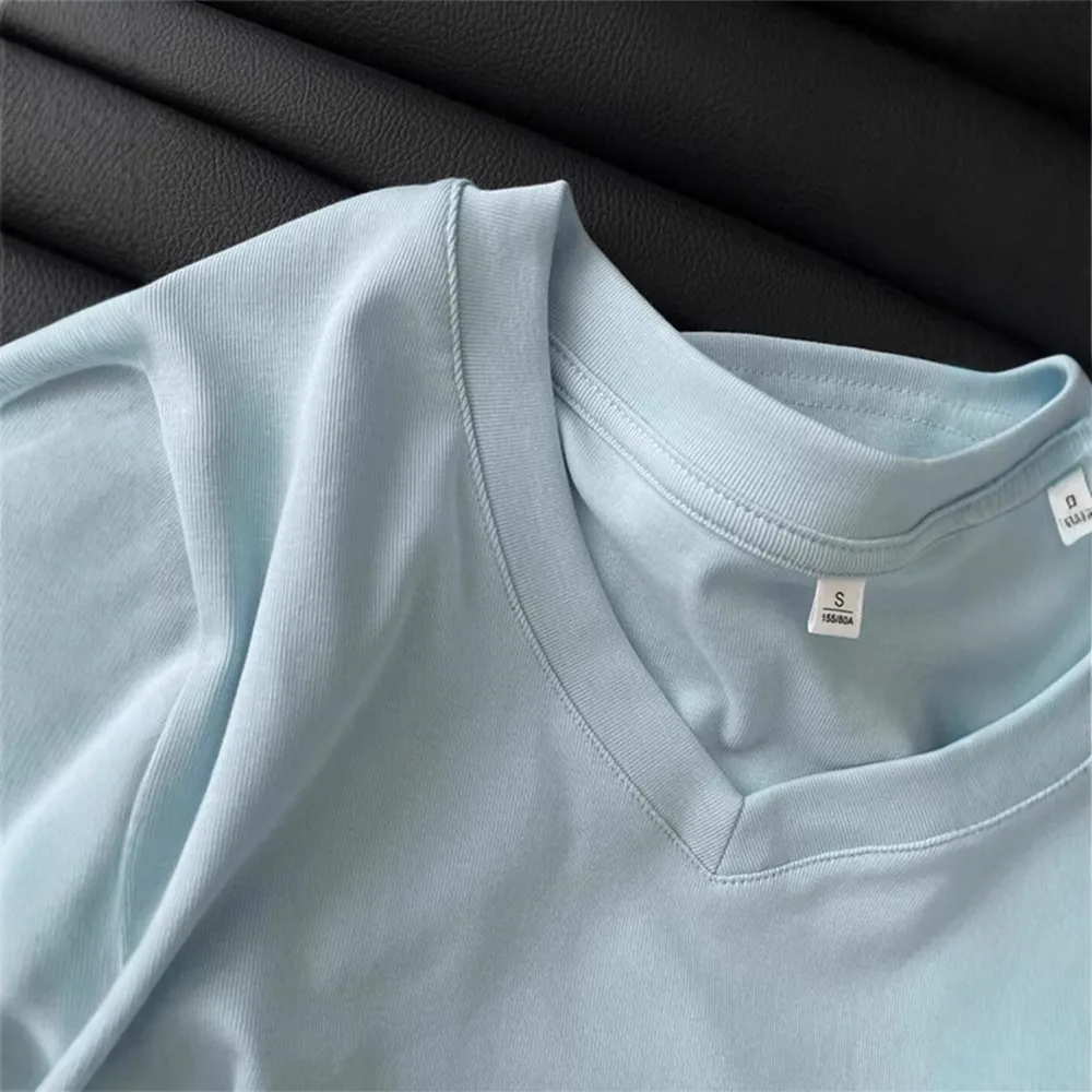 Women's Summer Cotton T-Shirt - Slim Fit Short Sleeve Blue Top with Pleated Waist - Casual Western Style Tee thumbnail 3