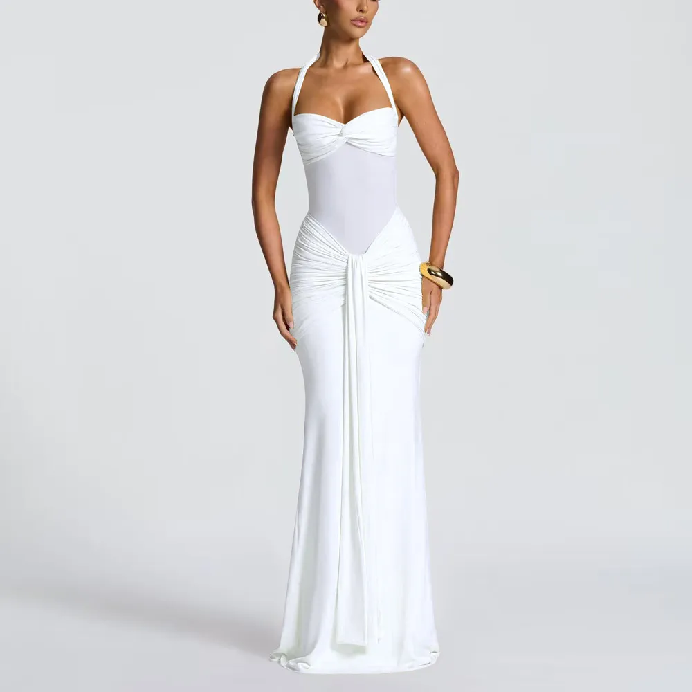 Women's Elegant Mesh Patchwork Maxi Dress Halter Neck Tie Waist Flowy Long Gown Evening Party Cocktail Dress thumbnail 10