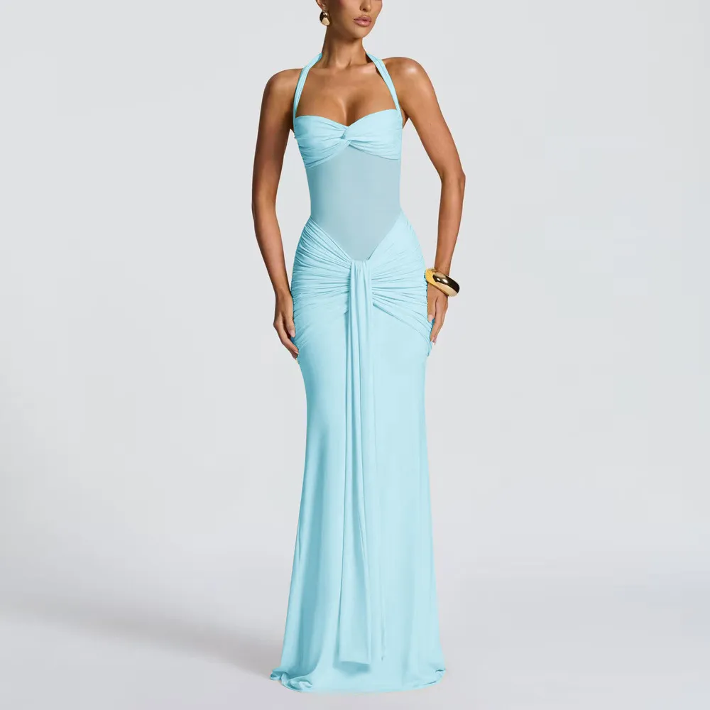Women's Elegant Mesh Patchwork Maxi Dress Halter Neck Tie Waist Flowy Long Gown Evening Party Cocktail Dress thumbnail 7