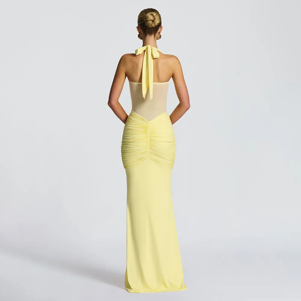 Women's Elegant Mesh Patchwork Maxi Dress Halter Neck Tie Waist Flowy Long Gown Evening Party Cocktail Dress showcase 8