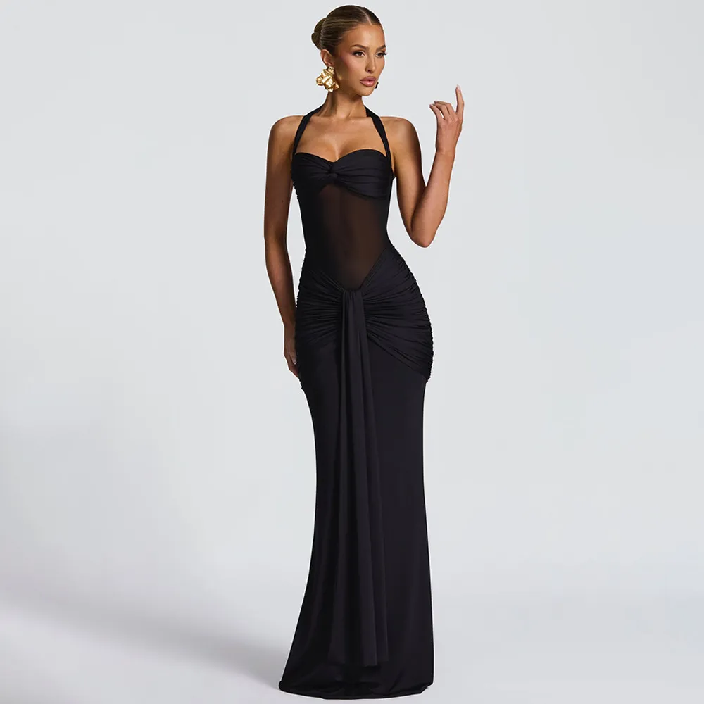 Women's Elegant Mesh Patchwork Maxi Dress Halter Neck Tie Waist Flowy Long Gown Evening Party Cocktail Dress showcase 15