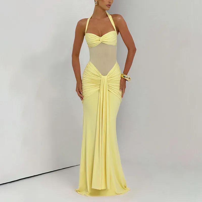 Women's Elegant Mesh Patchwork Maxi Dress Halter Neck Tie Waist Flowy Long Gown Evening Party Cocktail Dress thumbnail 6
