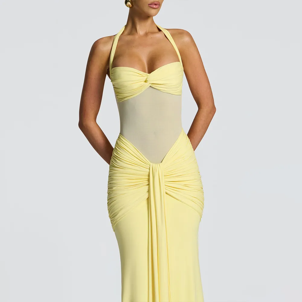 Women's Elegant Mesh Patchwork Maxi Dress Halter Neck Tie Waist Flowy Long Gown Evening Party Cocktail Dress showcase 6