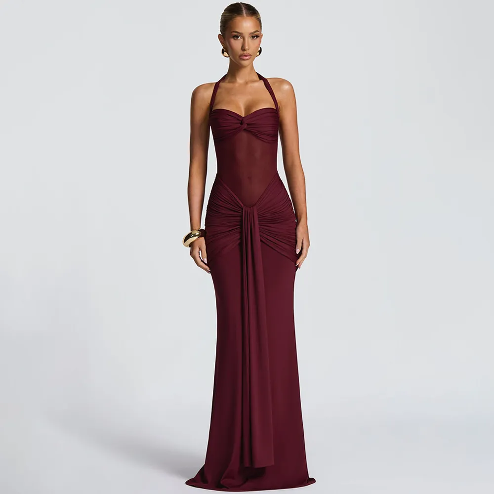 Women's Elegant Mesh Patchwork Maxi Dress Halter Neck Tie Waist Flowy Long Gown Evening Party Cocktail Dress showcase 12