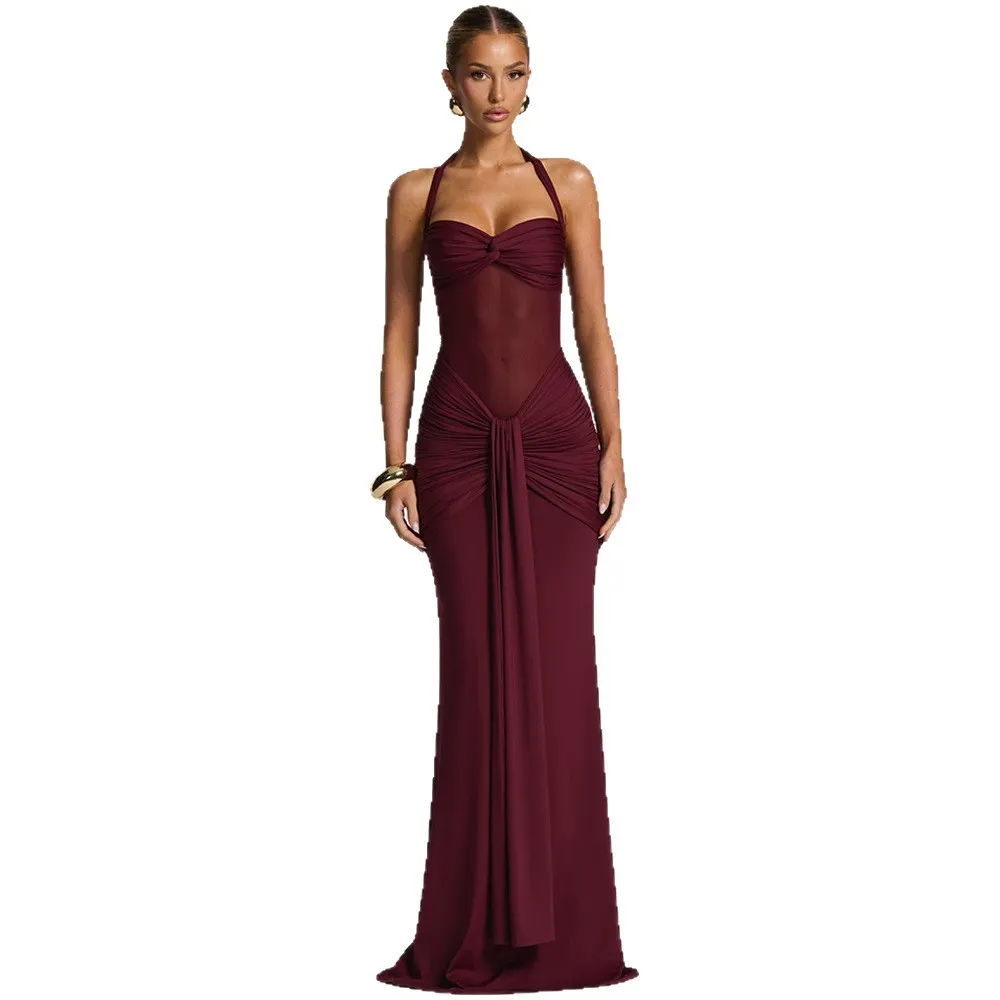 Women's Elegant Mesh Patchwork Maxi Dress Halter Neck Tie Waist Flowy Long Gown Evening Party Cocktail Dress thumbnail 5