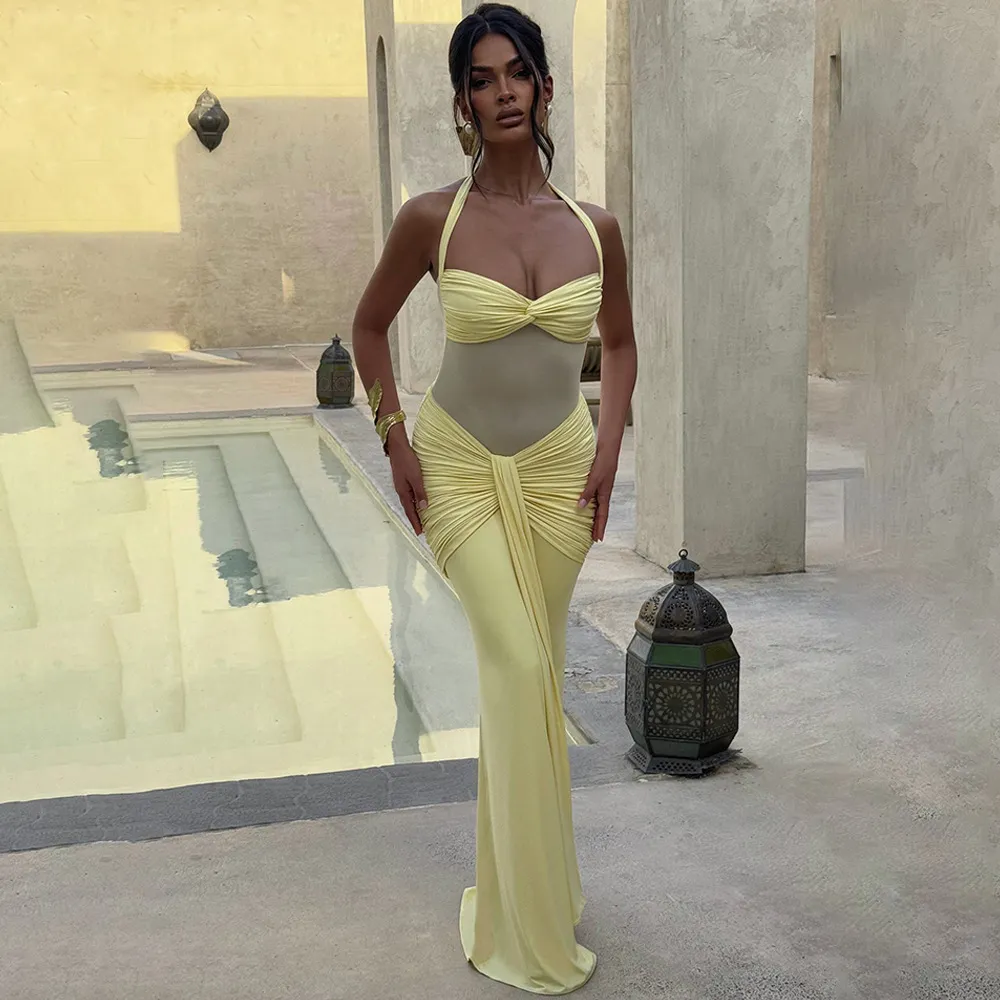 Women's Elegant Mesh Patchwork Maxi Dress Halter Neck Tie Waist Flowy Long Gown Evening Party Cocktail Dress showcase 10