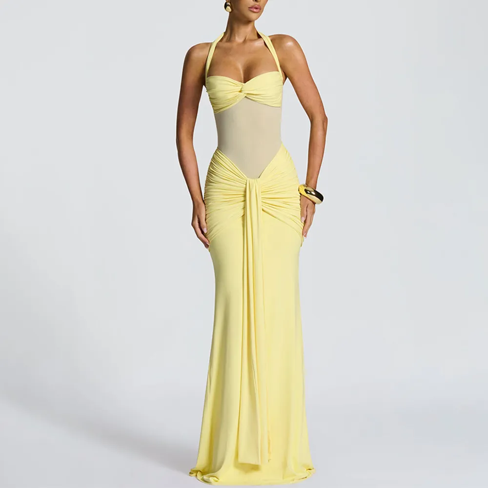 Women's Elegant Mesh Patchwork Maxi Dress Halter Neck Tie Waist Flowy Long Gown Evening Party Cocktail Dress showcase 4