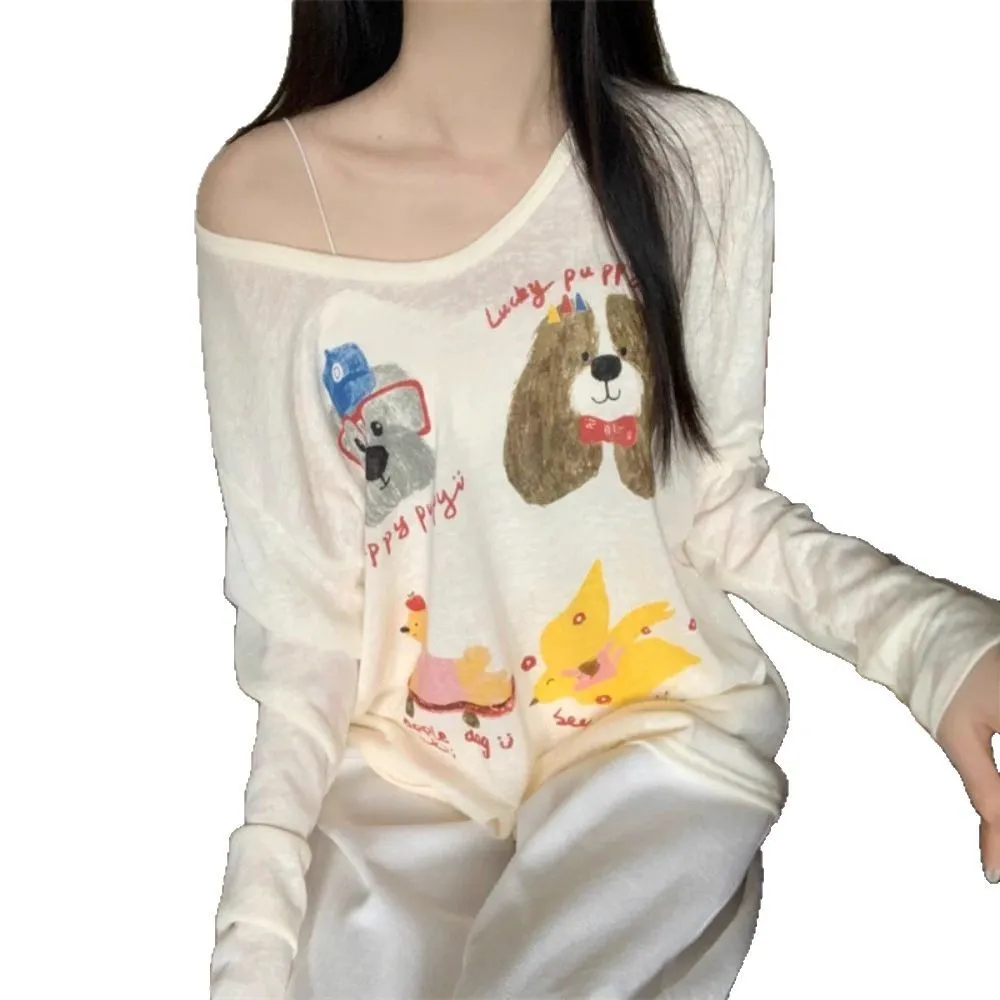 Women's Long Sleeve T-Shirt Sunscreen Top - Autumn Fashionable Lazy Loose Blouse with Fun Prints - Casual Thin Tee for Women thumbnail 5