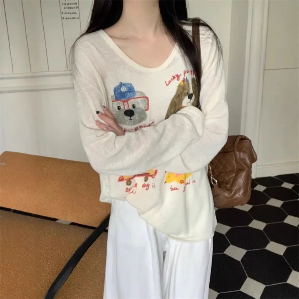 Women's Long Sleeve T-Shirt Sunscreen Top - Autumn Fashionable Lazy Loose Blouse with Fun Prints - Casual Thin Tee for Women thumbnail 3