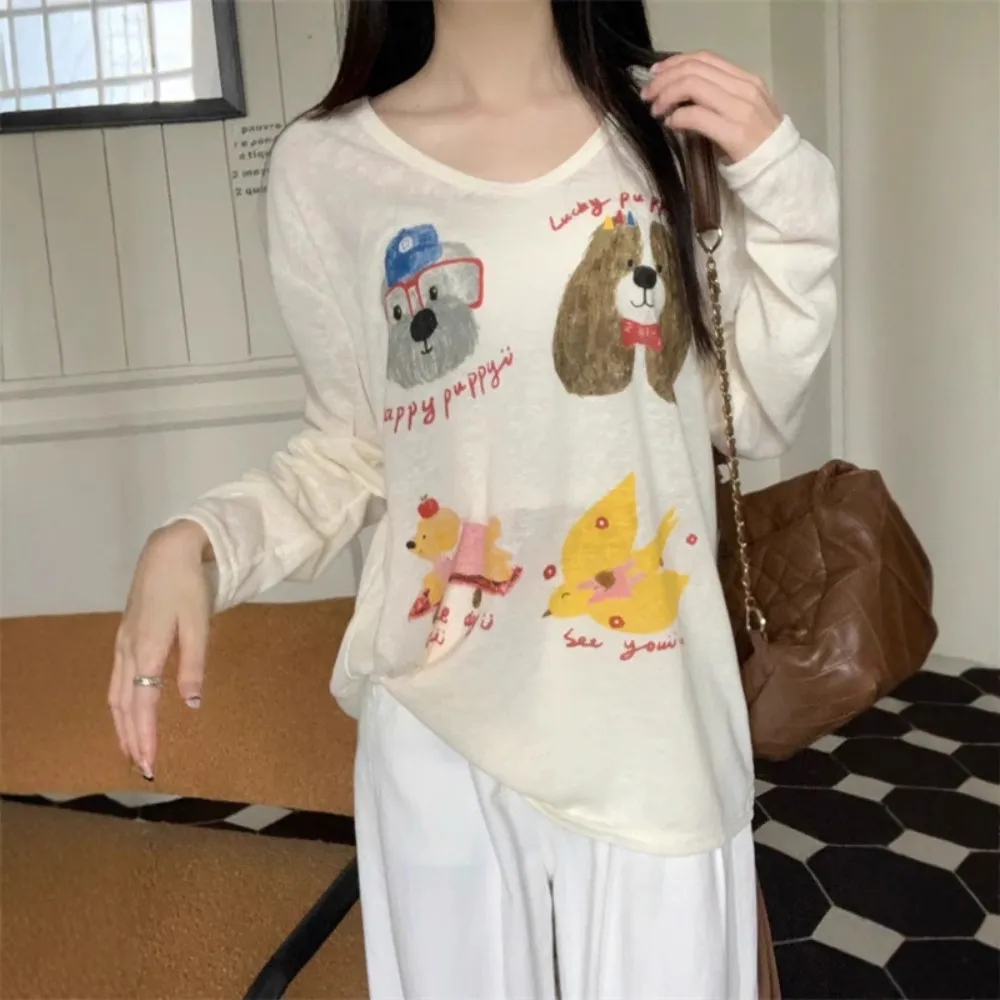 Women's Long Sleeve T-Shirt Sunscreen Top - Autumn Fashionable Lazy Loose Blouse with Fun Prints - Casual Thin Tee for Women thumbnail 4
