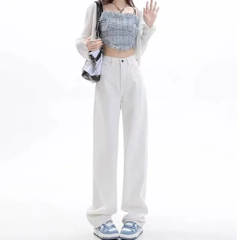 Women's Brown Wide Leg Jeans - Trendy High Waist Slimming Casual Loose Straight Long Pants - Fashionable All-Match Denim Trousers thumbnail 8