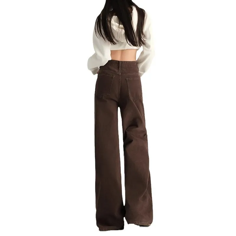 Women's Brown Wide Leg Jeans - Trendy High Waist Slimming Casual Loose Straight Long Pants - Fashionable All-Match Denim Trousers thumbnail 5