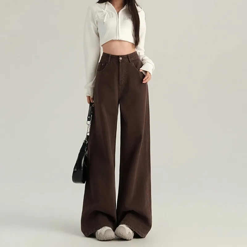 Women's Brown Wide Leg Jeans - Trendy High Waist Slimming Casual Loose Straight Long Pants - Fashionable All-Match Denim Trousers thumbnail 1