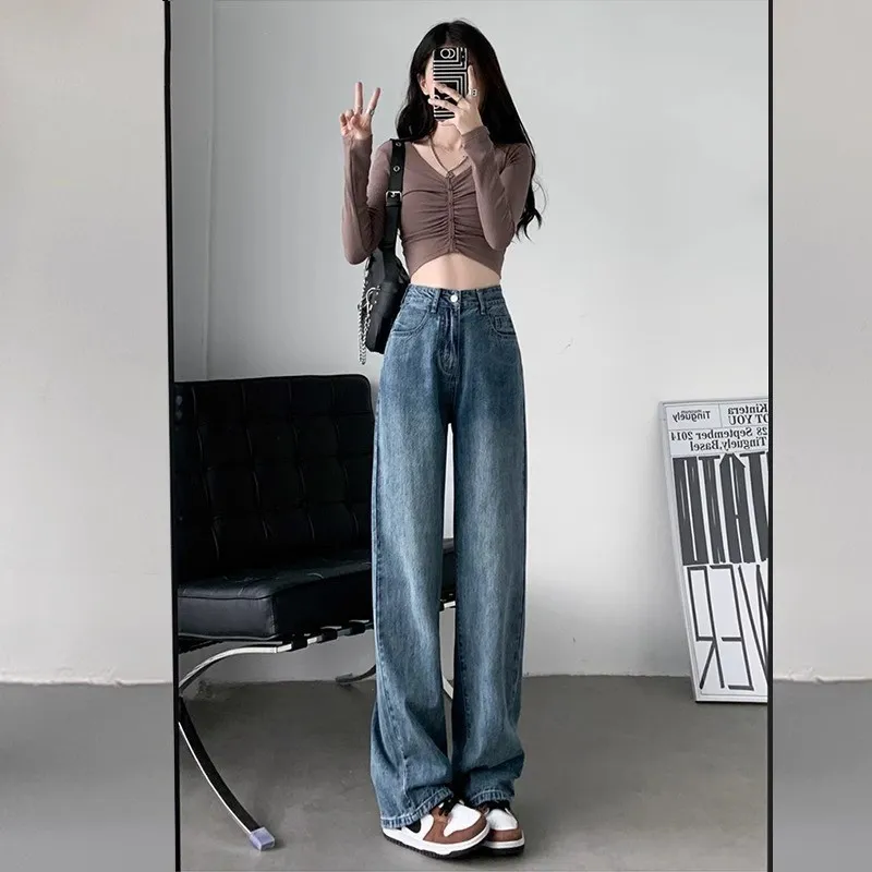 Women's Brown Wide Leg Jeans - Trendy High Waist Slimming Casual Loose Straight Long Pants - Fashionable All-Match Denim Trousers thumbnail 9