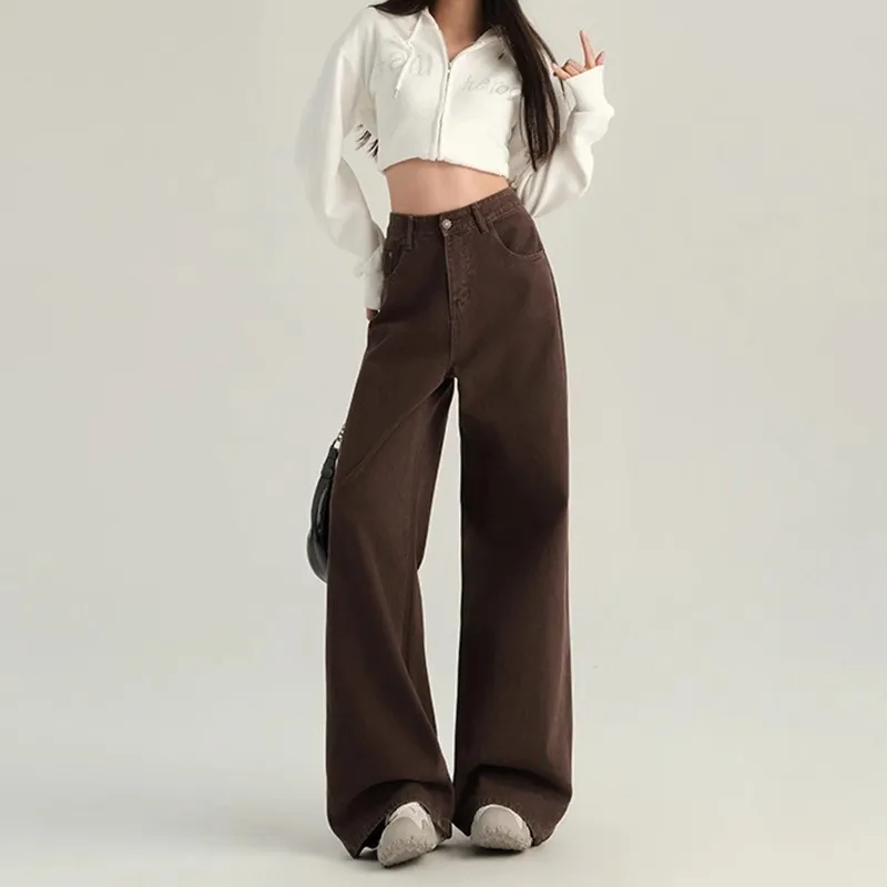 Women's Brown Wide Leg Jeans - Trendy High Waist Slimming Casual Loose Straight Long Pants - Fashionable All-Match Denim Trousers thumbnail 3