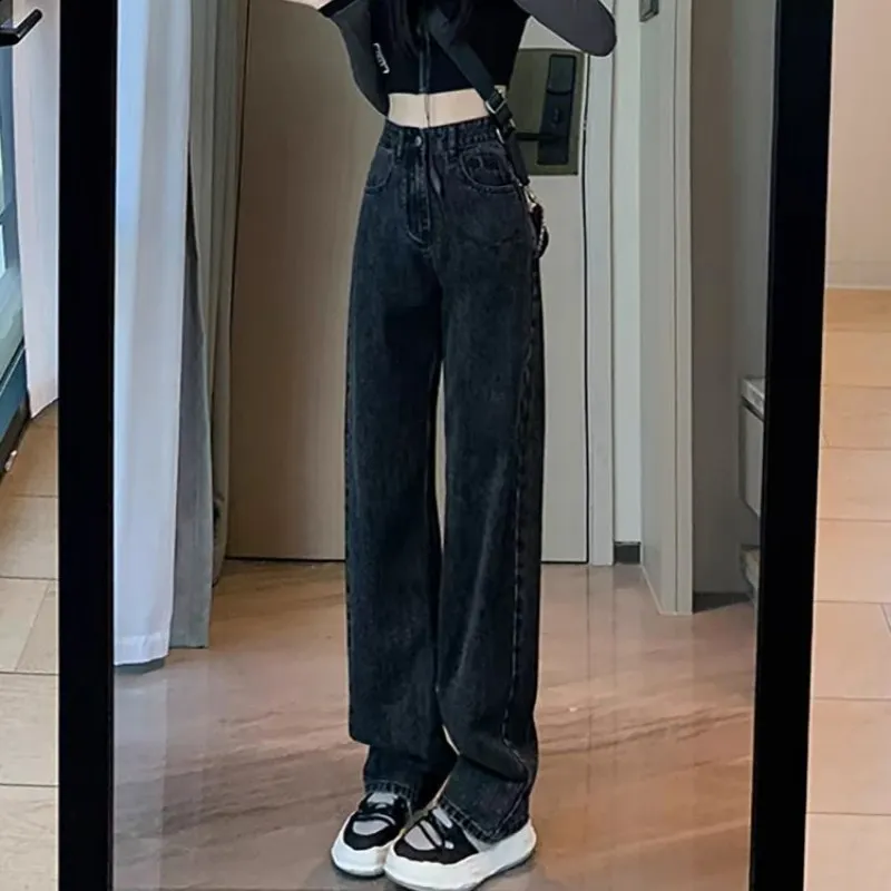 Women's Brown Wide Leg Jeans - Trendy High Waist Slimming Casual Loose Straight Long Pants - Fashionable All-Match Denim Trousers thumbnail 7