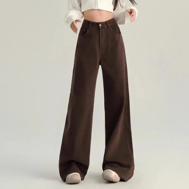 Women's Brown Wide Leg Jeans - Trendy High Waist Slimming Casual Loose Straight Long Pants - Fashionable All-Match Denim Trousers thumbnail 4