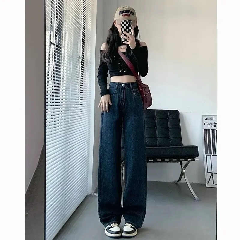 Women's Brown Wide Leg Jeans - Trendy High Waist Slimming Casual Loose Straight Long Pants - Fashionable All-Match Denim Trousers thumbnail 10