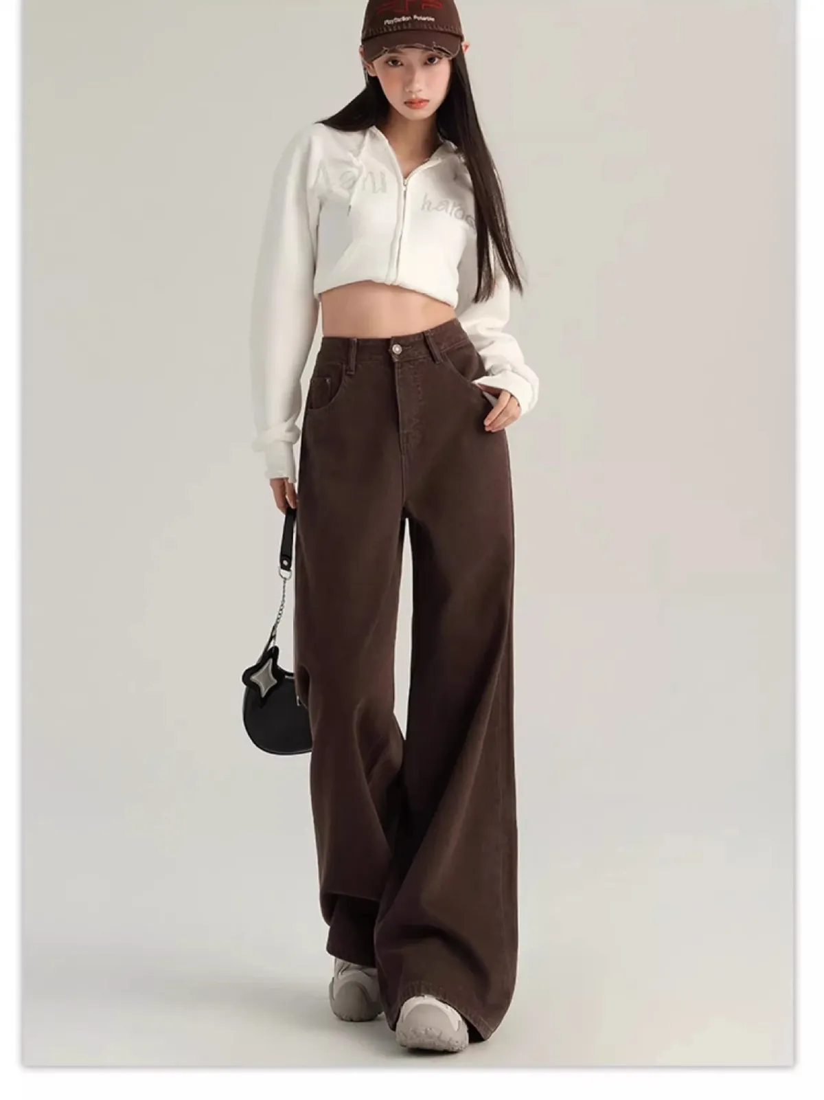 Women's Brown Wide Leg Jeans - Trendy High Waist Slimming Casual Loose Straight Long Pants - Fashionable All-Match Denim Trousers showcase 7