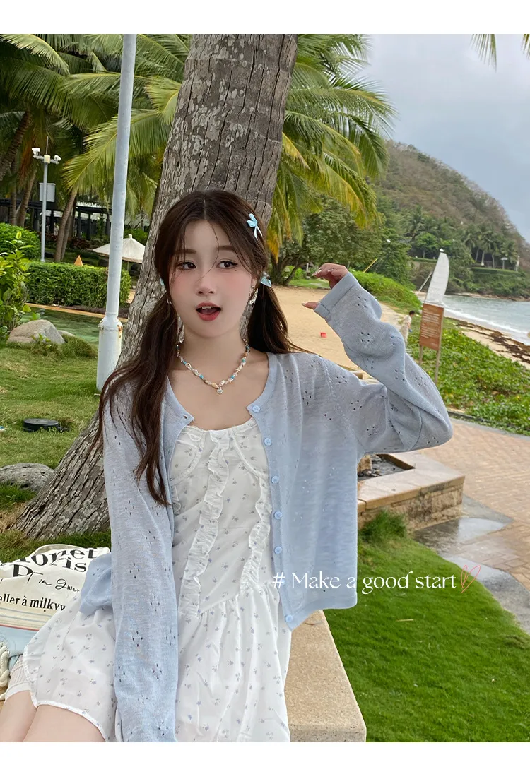 Women's Summer Crochet Knit Cardigan - Thin Sun Protection Air Conditioning Shirt, Versatile Loose Fit Outer Top for Chic Slimming Look thumbnail 7