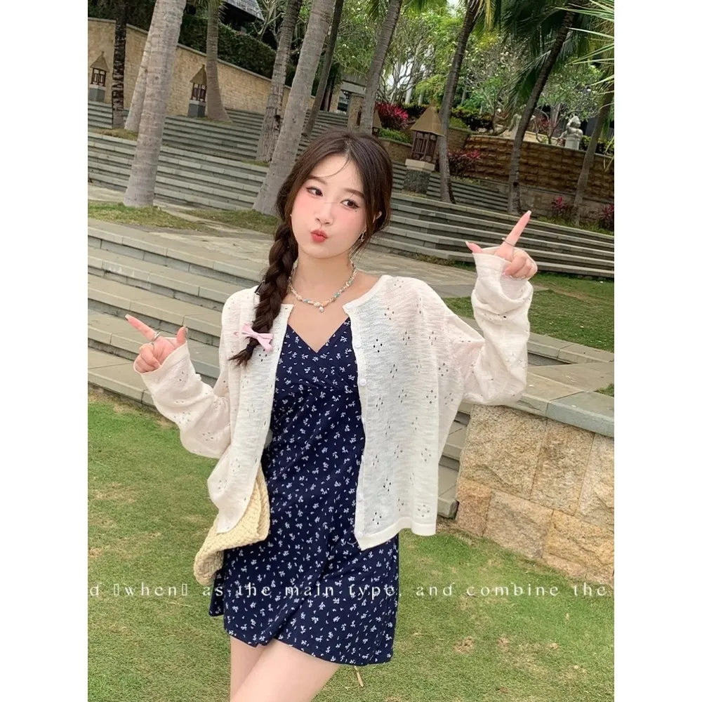 Women's Summer Crochet Knit Cardigan - Thin Sun Protection Air Conditioning Shirt, Versatile Loose Fit Outer Top for Chic Slimming Look thumbnail 3