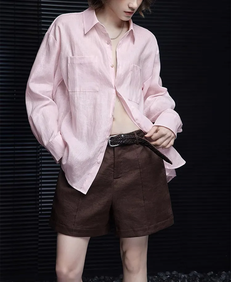 Women's Pink Linen Long Sleeve Shirt - Summer Lightweight Thin Style Blouse - Elegant High-End Feel, Youthful & Stylish Fashion Top showcase 5