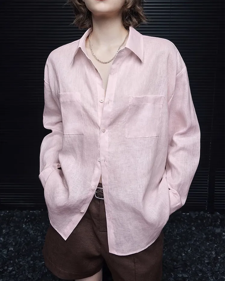 Women's Pink Linen Long Sleeve Shirt - Summer Lightweight Thin Style Blouse - Elegant High-End Feel, Youthful & Stylish Fashion Top showcase 3
