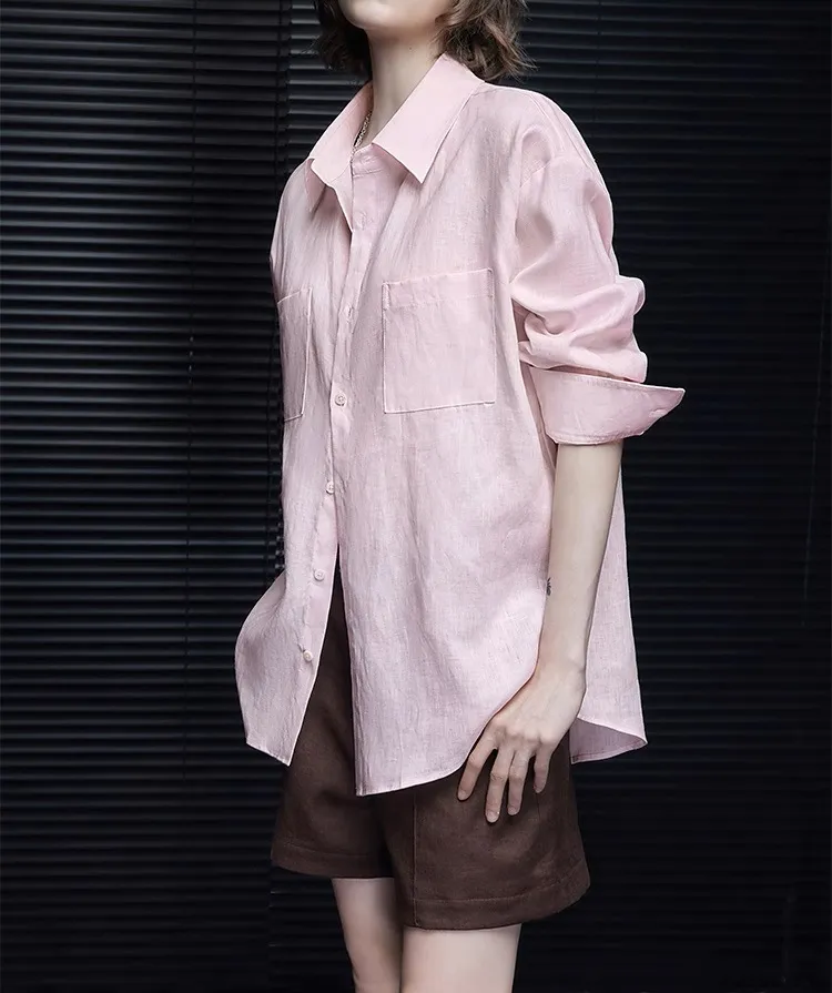 Women's Pink Linen Long Sleeve Shirt - Summer Lightweight Thin Style Blouse - Elegant High-End Feel, Youthful & Stylish Fashion Top showcase 4