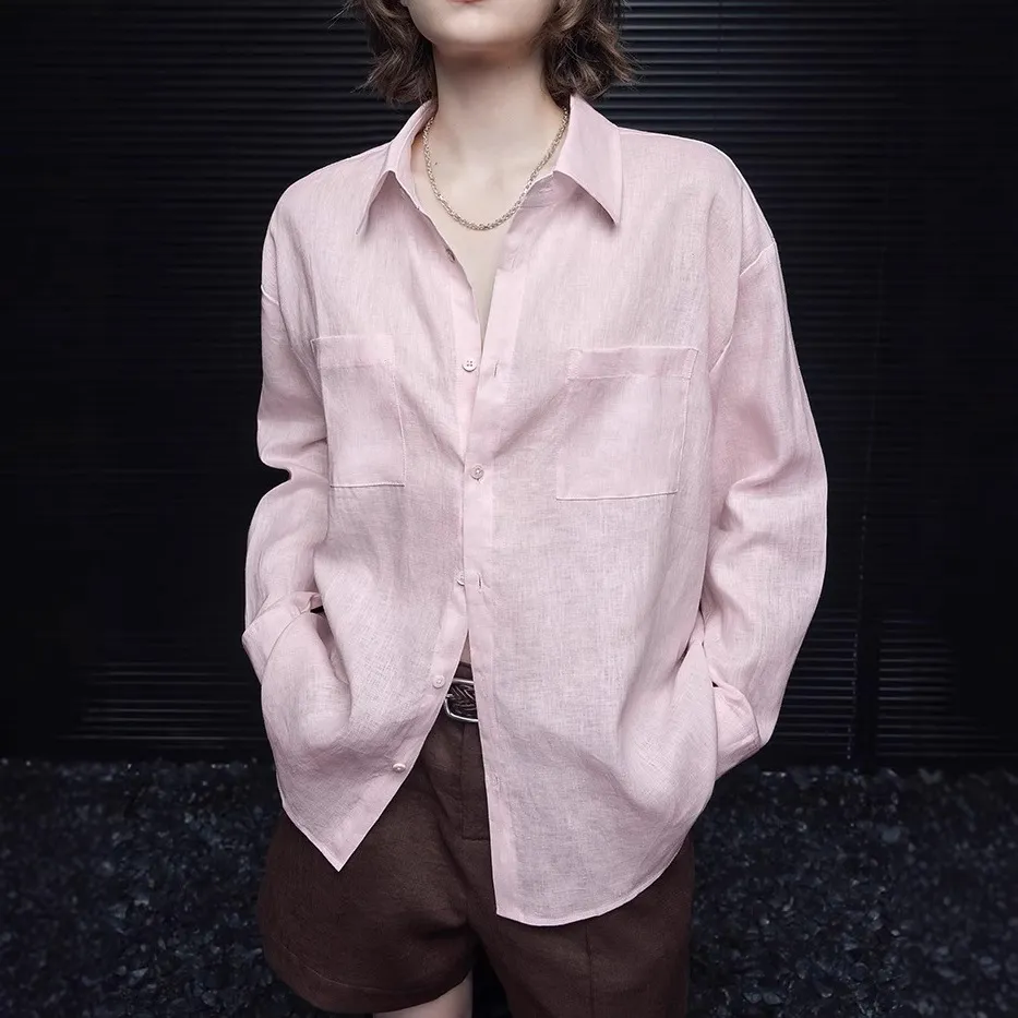 Women's Pink Linen Long Sleeve Shirt - Summer Lightweight Thin Style Blouse - Elegant High-End Feel, Youthful & Stylish Fashion Top thumbnail 3