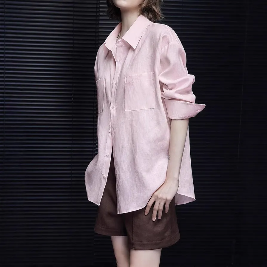 Women's Pink Linen Long Sleeve Shirt - Summer Lightweight Thin Style Blouse - Elegant High-End Feel, Youthful & Stylish Fashion Top thumbnail 4