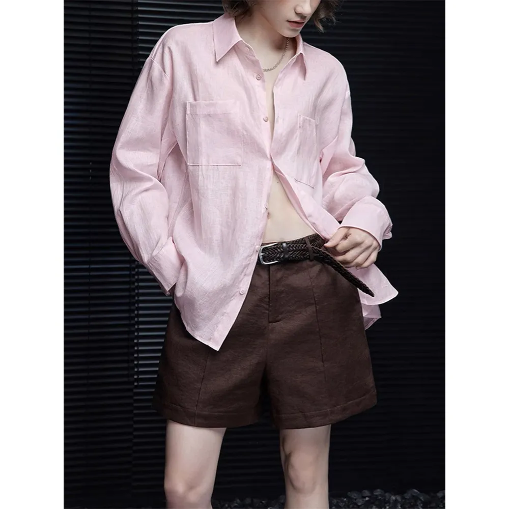 Women's Pink Linen Long Sleeve Shirt - Summer Lightweight Thin Style Blouse - Elegant High-End Feel, Youthful & Stylish Fashion Top thumbnail 5