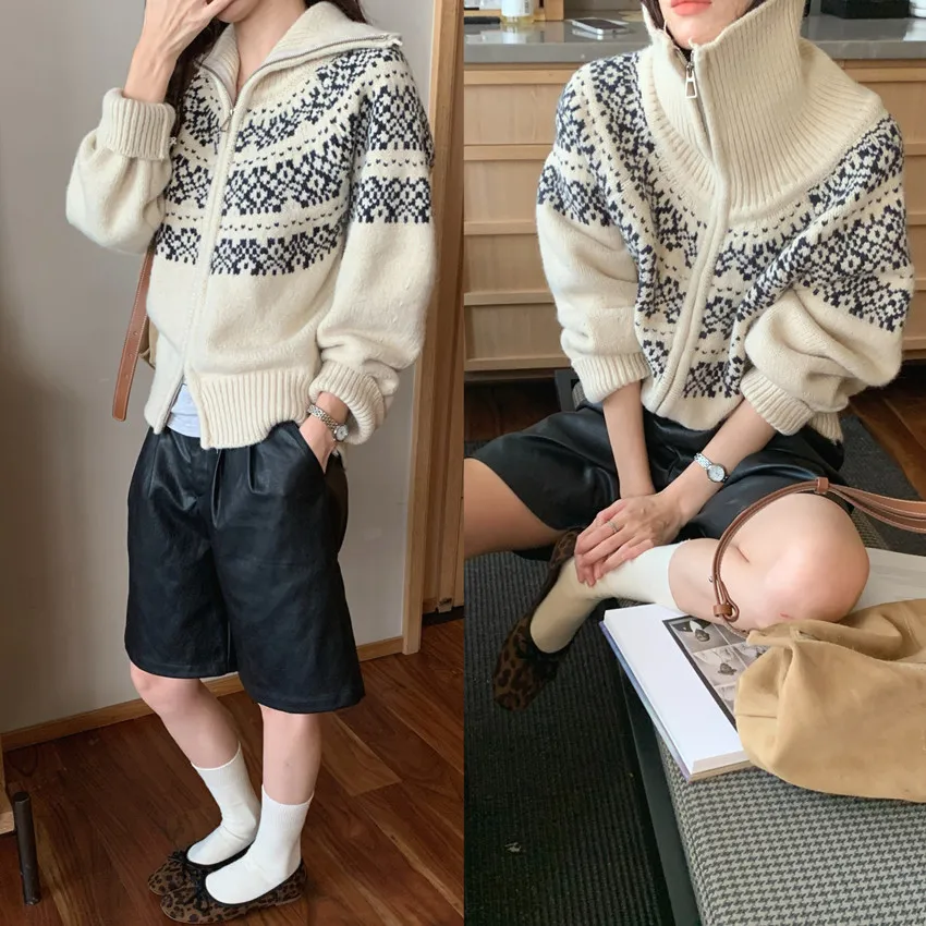 Fair Isle Jacquard Knit Cardigan Sweater - Women's Autumn Winter Zip Up Retro Christmas Top showcase 4
