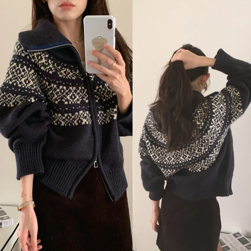 Fair Isle Jacquard Knit Cardigan Sweater - Women's Autumn Winter Zip Up Retro Christmas Top showcase 18